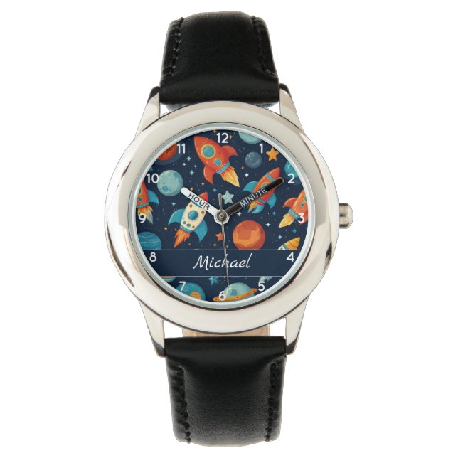 Montre Ajouter votre nom Cool Rocket Space et Planètes (devant)