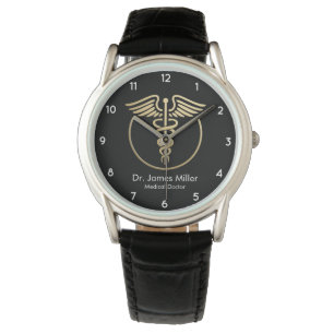 Montre Ajouter Votre Nom Médicale Caduceus Symbole Black 