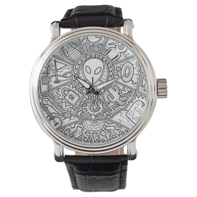 Montre Alien Mandala noir et blanc (devant)