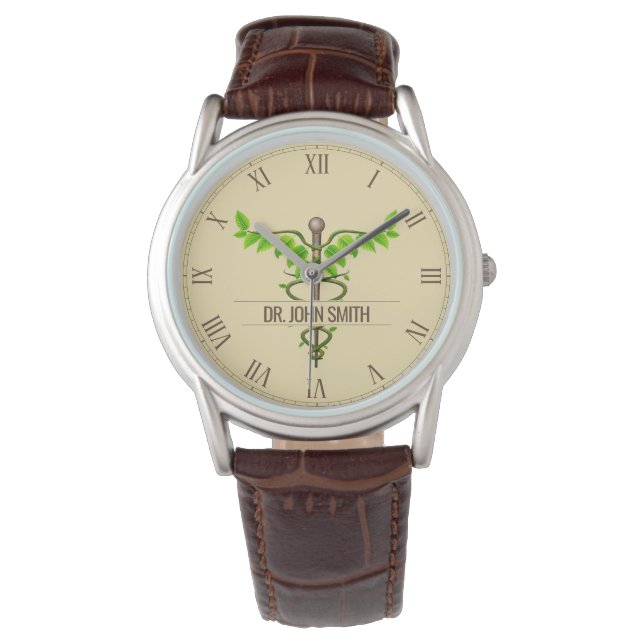 Montre Alternative Médicale Caduceus Vert Feuilles Beige (devant)