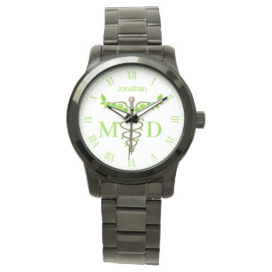 Montre Alternative Médicale Caduceus Vert Feuilles Blanc