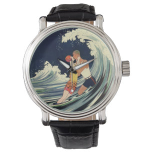 Montre Amants Art Déco vintage s'embrassent dans les vagu