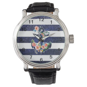 Montre Ancrage floral sur arrière - plan rayé
