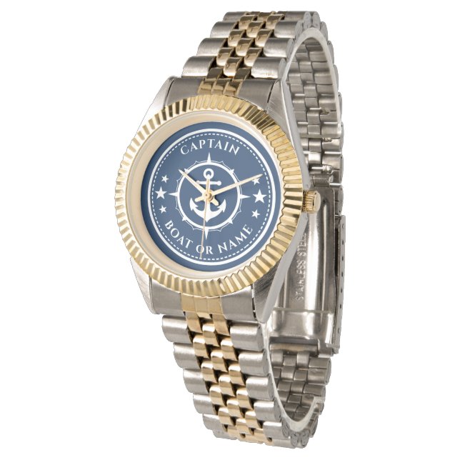 Montre Ancre Compass Stars Capitaine Bateau ou nom Marine (Incliné)