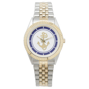 Montre Ancre dorée centrale Marine Bleu Nautique