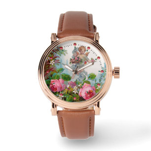 MONTRE ANGE ROMANTIQUE RASSEMBLANT ROSES ET FLEURS ROSES