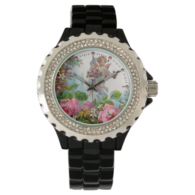 MONTRE ANGE ROMANTIQUE RASSEMBLANT ROSES ET FLEURS ROSES  (devant)