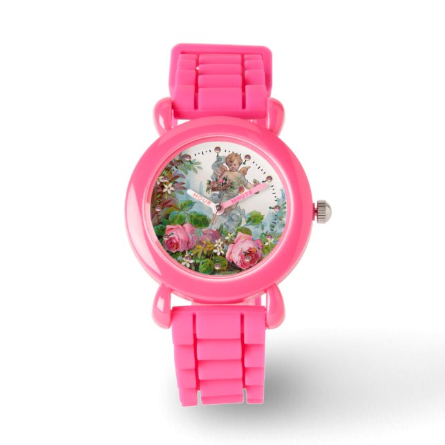 MONTRE ANGE ROMANTIQUE RASSEMBLANT ROSES ET FLEURS ROSES  (Recto)