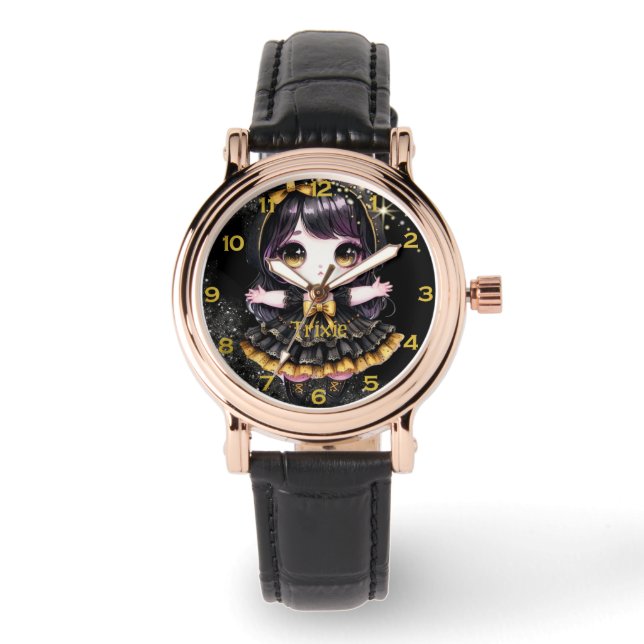 Montre Anime Girls Kawaii Goth Chibi Décor Black Gold (Recto)