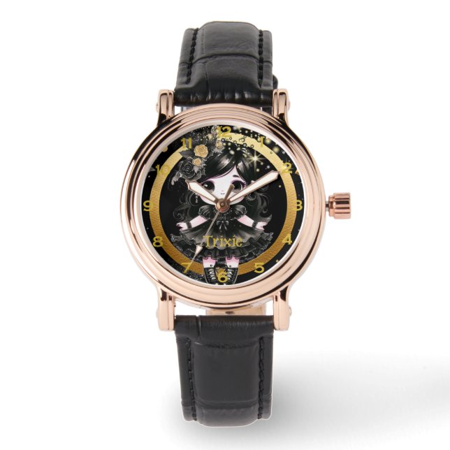 Montre Anime Girls Kawaii Goth Chibi Décor Black Gold (Recto)