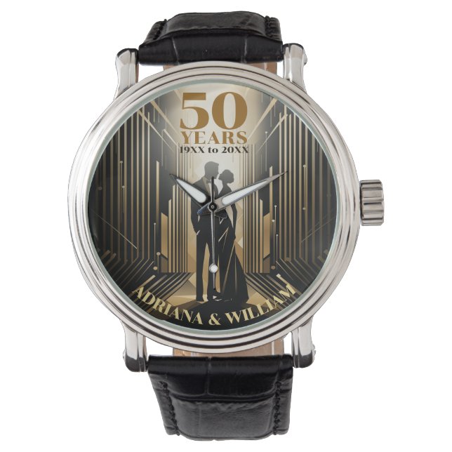Montre Anniversaire Art Déco Retro Black & Gold Mariage (devant)