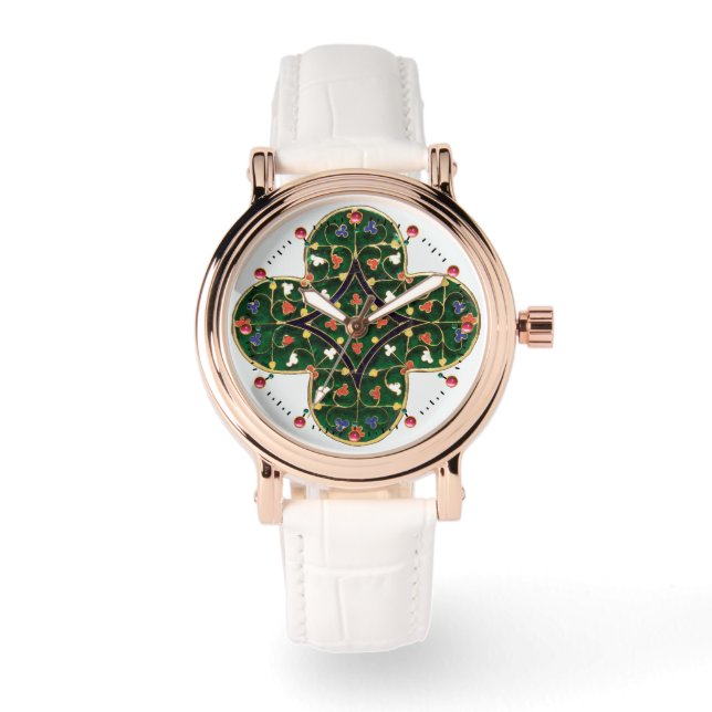 Montre ANTIQUE OR VERT CLOVER JEWEL Floral médiéval (Recto)