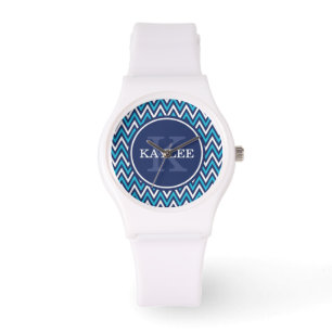 Montre Aqua Blue Chevron & Monogram de la marine moderne