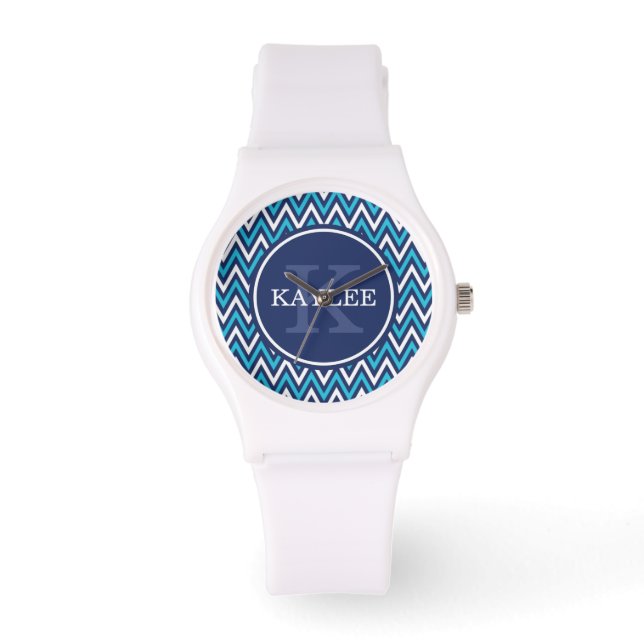 Montre Aqua Blue Chevron & Monogram de la marine moderne (Recto)