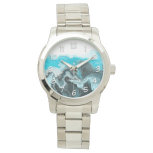 Montre Aqua Blue Grey et Black Waves Art moderne Abstrait