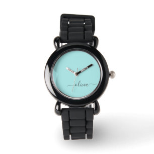Montre Aqua Blue Turquoise Moderne Script Girl Monogramme