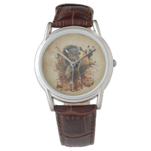 Montre Aquarelle Bison Buffalo Animale Faune Nature Wa