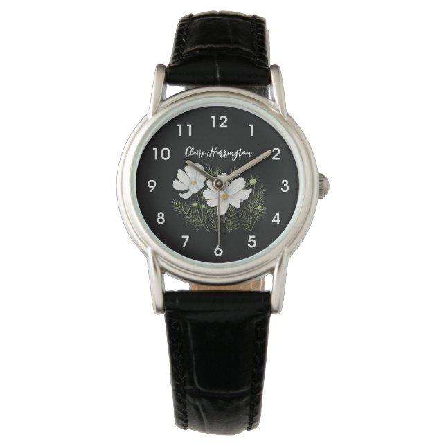 Montre Aquarelle Blanc Cosmos Fleurs Peinture Botanique (devant)