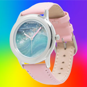 Montre Aquarelle Bleu Blanc Océan Vague Personnalisée Nom