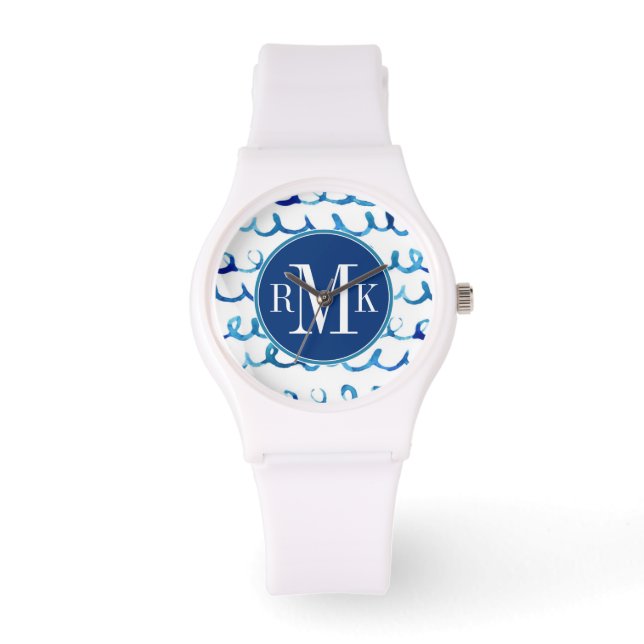 Montre Aquarelle bleu peinte à la main Motif ondulé (Recto)