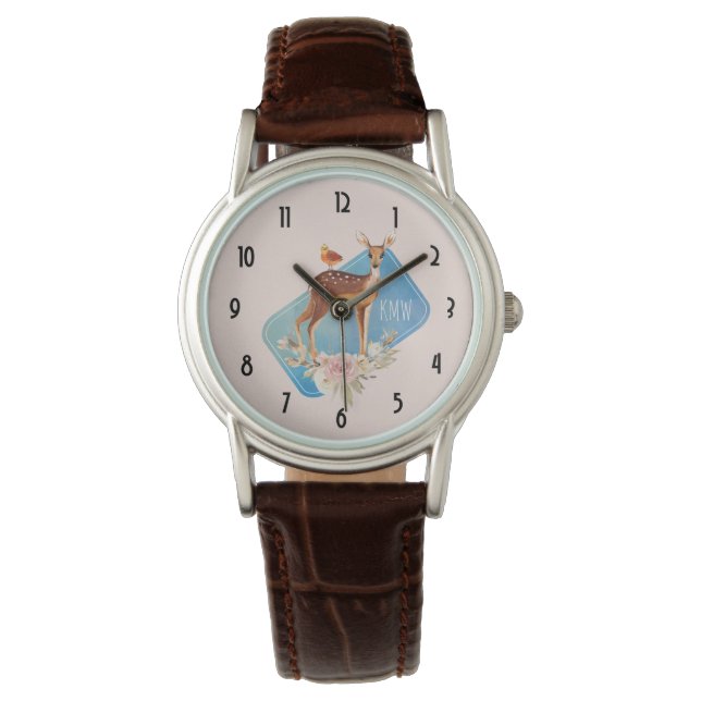 Montre Aquarelle Brown mignonne Cerf Élégance rustique (devant)