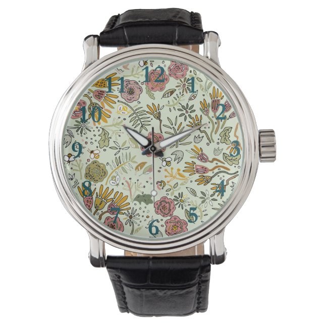 Montre Aquarelle Florale Fleurs d'abeille Élégante Modern (devant)
