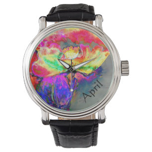 Montre aquarelle jaune rose Abstraite peinture florale