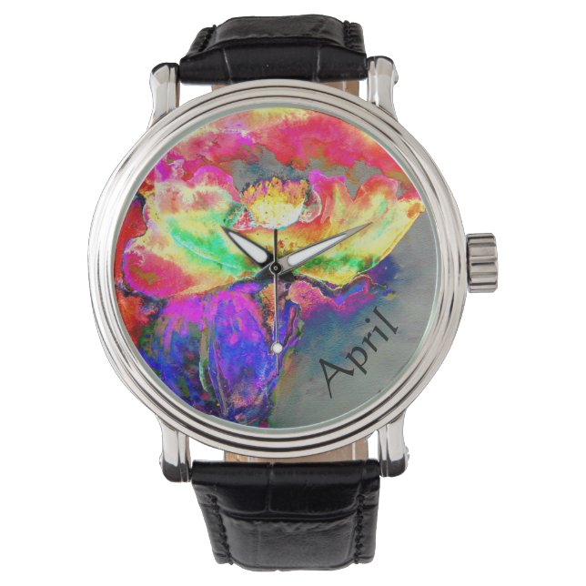 Montre aquarelle jaune rose Abstraite peinture florale (devant)