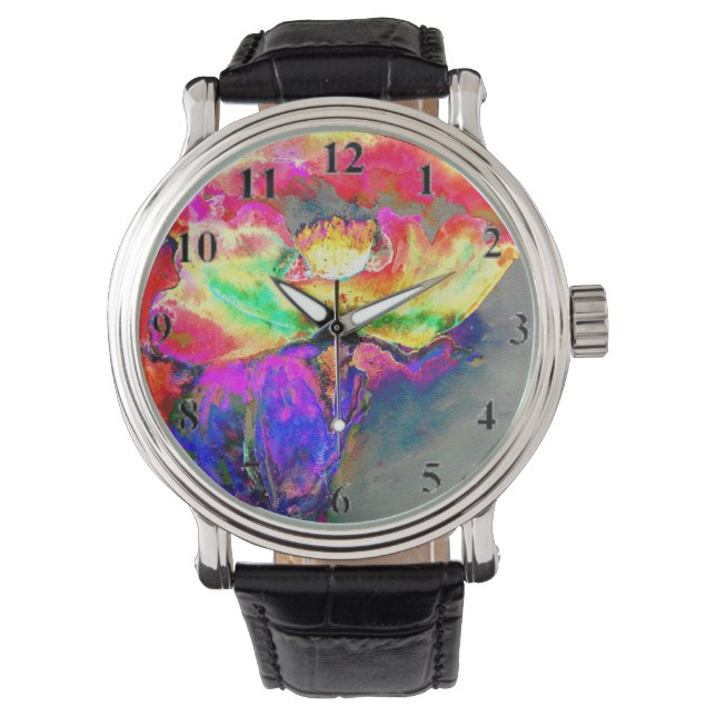 Montre aquarelle jaune rose Abstraite peinture florale (devant)