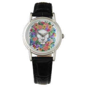 Montre Aquarelle Lion Et Fleurs Arc En Ciel
