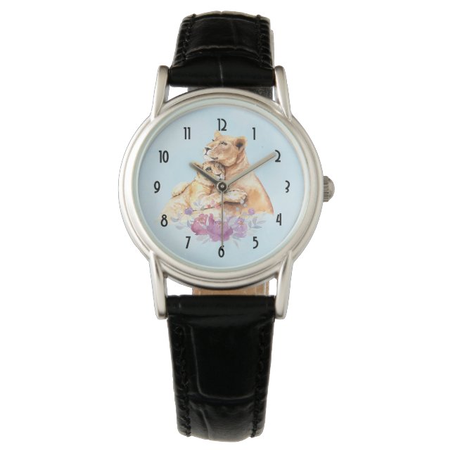 Montre Aquarelle mignonne Mère Lion & Cub (devant)
