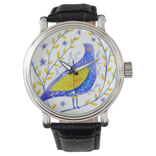 Montre Aquarelle moderne Bleu et Jaune Oiseau Art