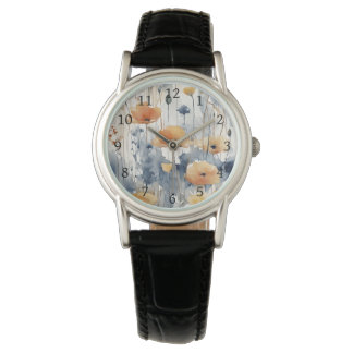 Montre Aquarelle Orange Fleurs Blue Indigo Design 347