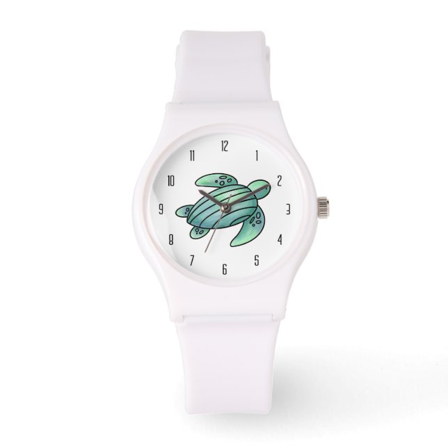 Montre aquarelle peinte caricature de tortue de mer bleu  (Recto)