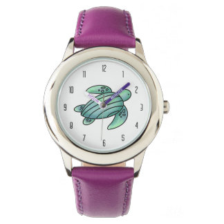 Montre aquarelle peinte caricature de tortue de mer bleu
