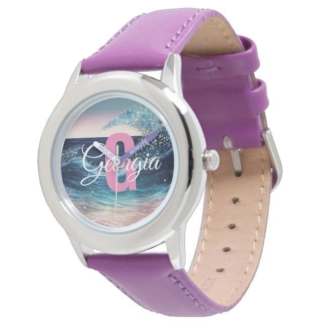 Montre Aquarelle personnalisée Bleu Ocean Wave | Monogram (Incliné)