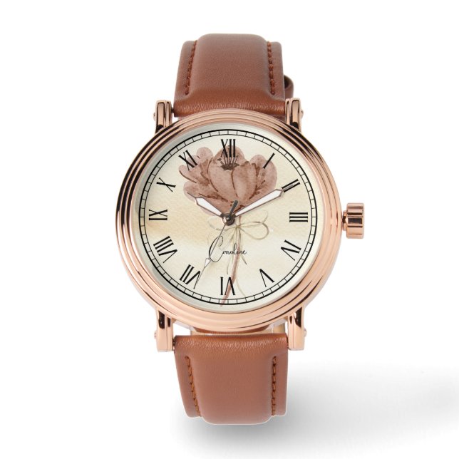 Montre Aquarelle personnalisée couleur fleurie marron et  (Recto)