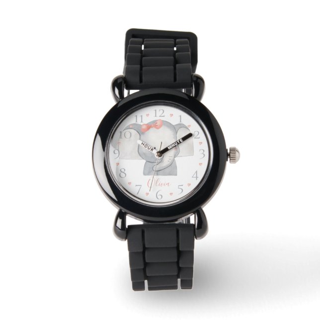 Montre Aquarelle personnalisée Cute Baby Elephant Nom W (Recto)