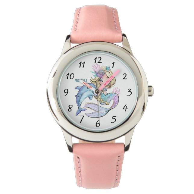 Montre Aquarelle personnalisée mignonne Dauphin de sirène (devant)