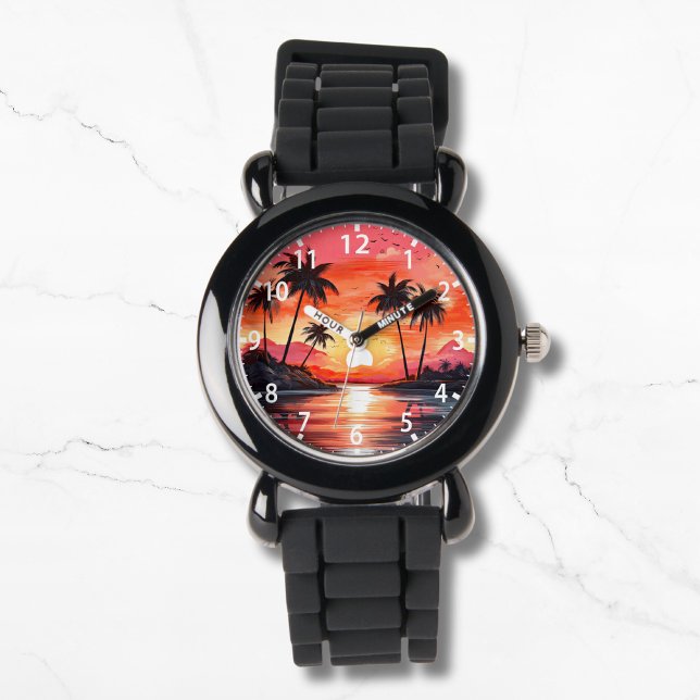 Montre Aquarelle Plage tropicale Coucher de soleil Palmie (Créateur téléchargé)