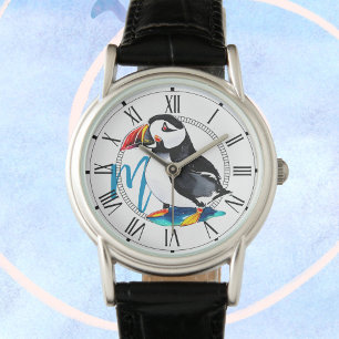Montre Aquarelle Puffin Oiseau + Monogramme Animaux sauva