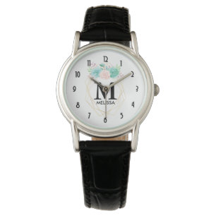 Montre Aquarelle rose et vert moderne Succulents Monogram