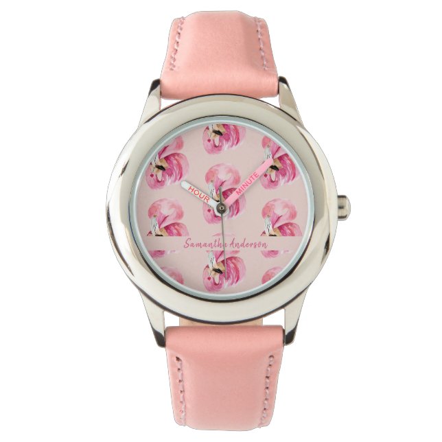 Montre Aquarelle rose exotique Flamingo Motif et nom (devant)