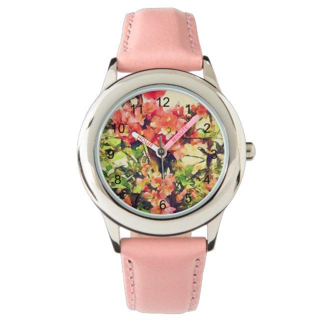 Montre Aquarelle rose rouge Motif floral 1 (devant)