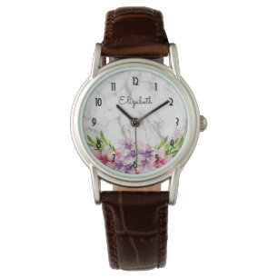 Montre Aquarelle violet et rose Marbre blanc Magnolia