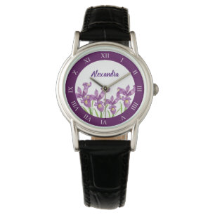 Montre Aquarelle violet Iris Botanique chiffres romains