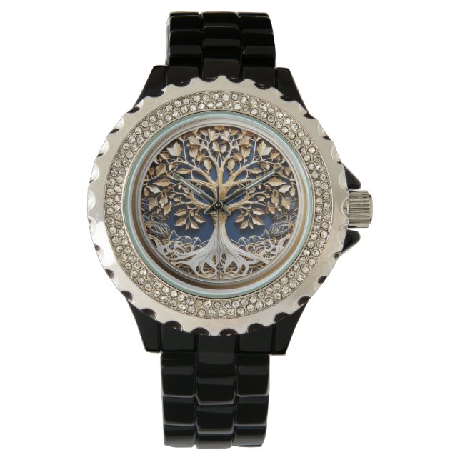 Montre Arbre de vie Or Blanc Marine Bleu (devant)