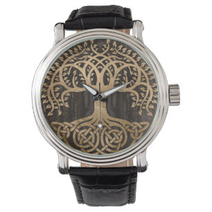 Montre Arbre de vie - Yggdrasil - écorce en bois et or