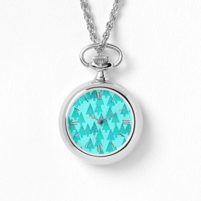 Montre Arbres de Noël à fleurs modernes - aqua & paon (Recto)