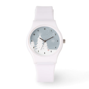 Montre Arbres de Noël blancs et gris bleu modernes